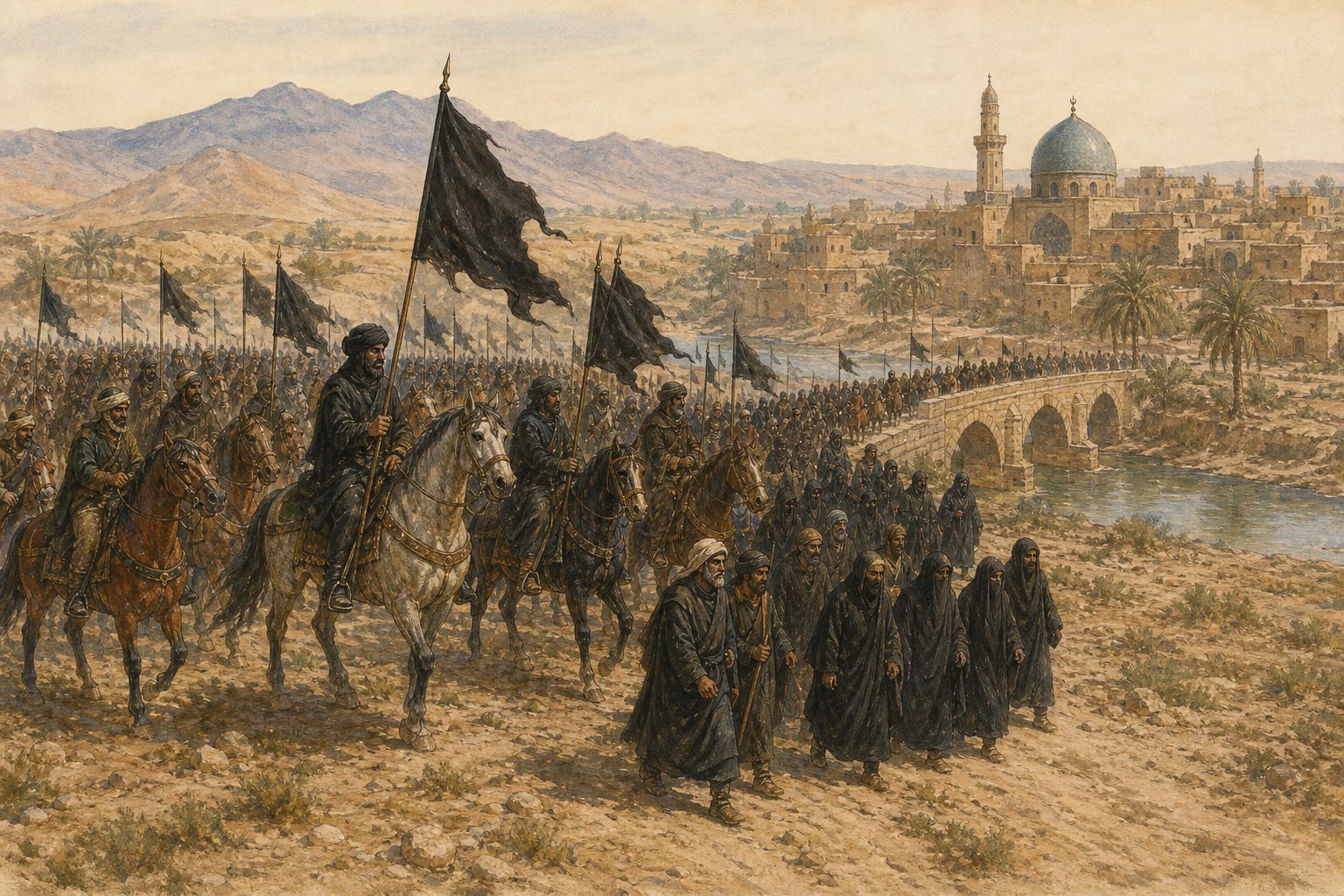 Historical reconstruction of “Black-banner uprising begins” in Abbasid Revolution