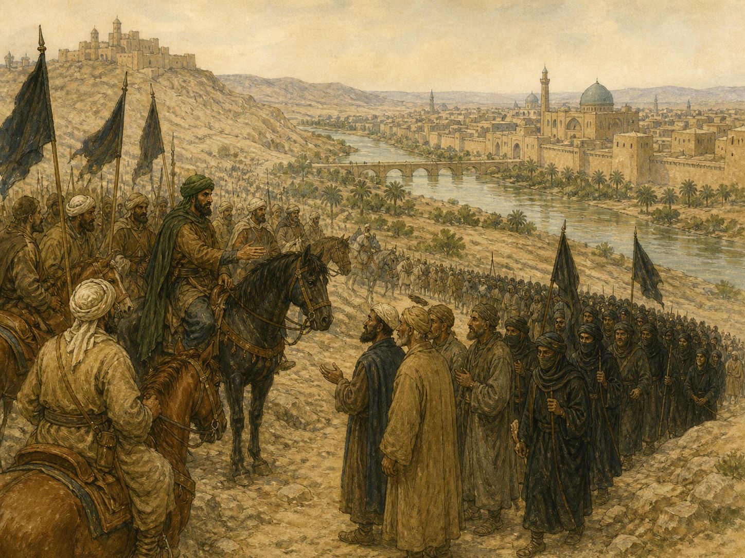 Historical reconstruction of Abbasid Revolution's central action: An anti-Umayyad uprising that began in Khorasan spread into Iraq and brought the Abbasid dynasty to power in 750.