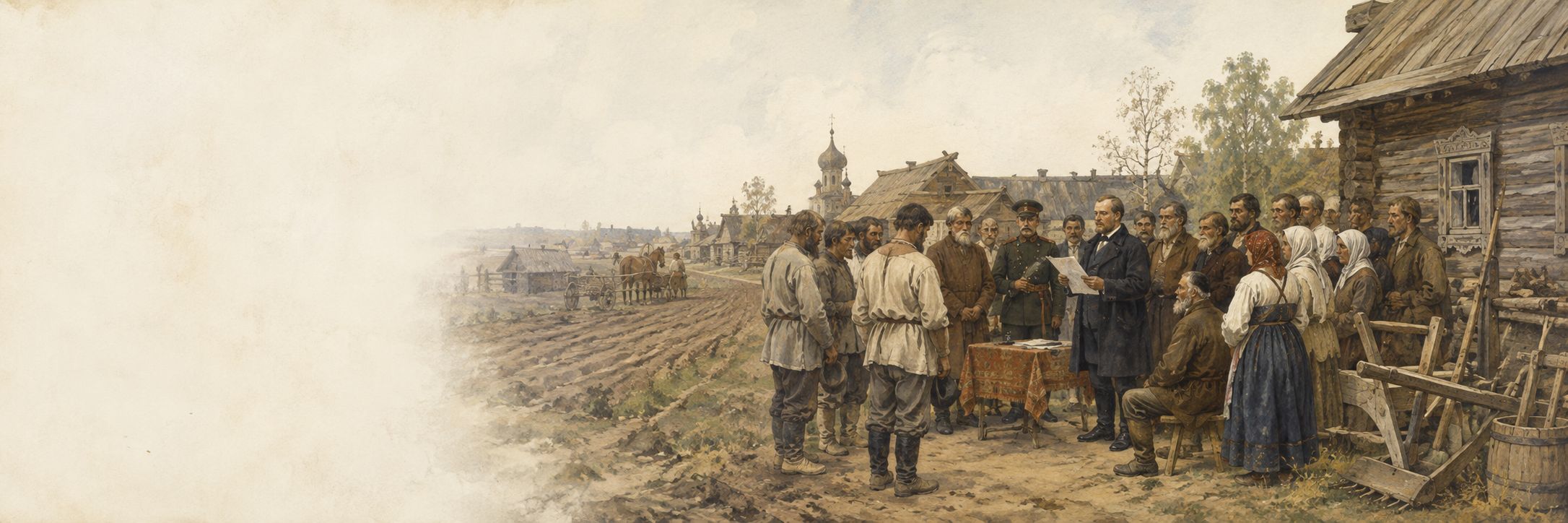 A historical reconstruction of Officials present documents to peasants as villagers confront the terms of emancipation at the Russian Empire, showing the setting of Emancipation of the Russian Serfs