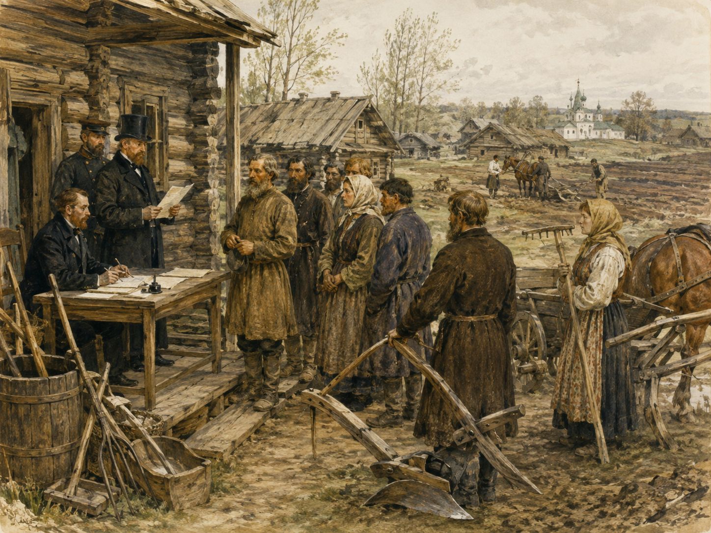 Historical reconstruction of Emancipation of the Russian Serfs's background: In and around the Russian Empire, the setting took shape as Alexander II’s reform legally abolished serfdom and began a reorganization of rural society and land relations.