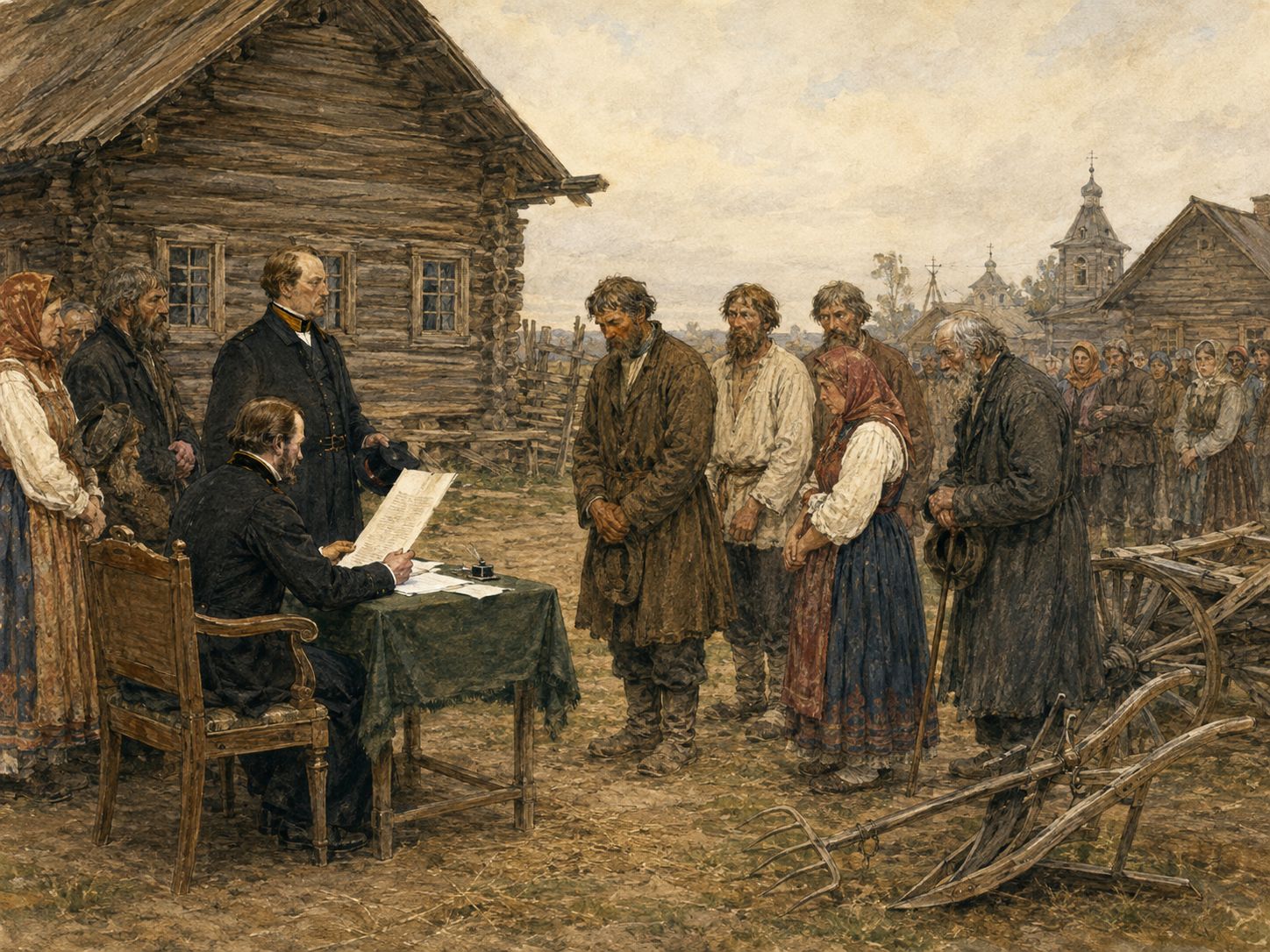 Historical reconstruction of Emancipation of the Russian Serfs's central action: Alexander II’s reform legally abolished serfdom and began a reorganization of rural society and land relations.