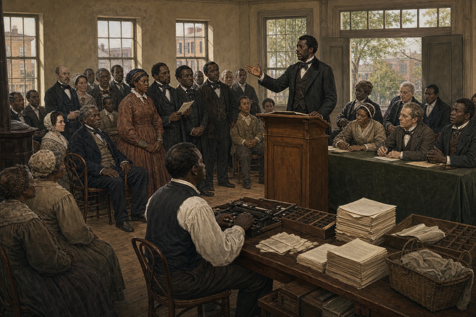 Illustrated reconstruction of petition organizers listening to a Black speaker in a meeting hall