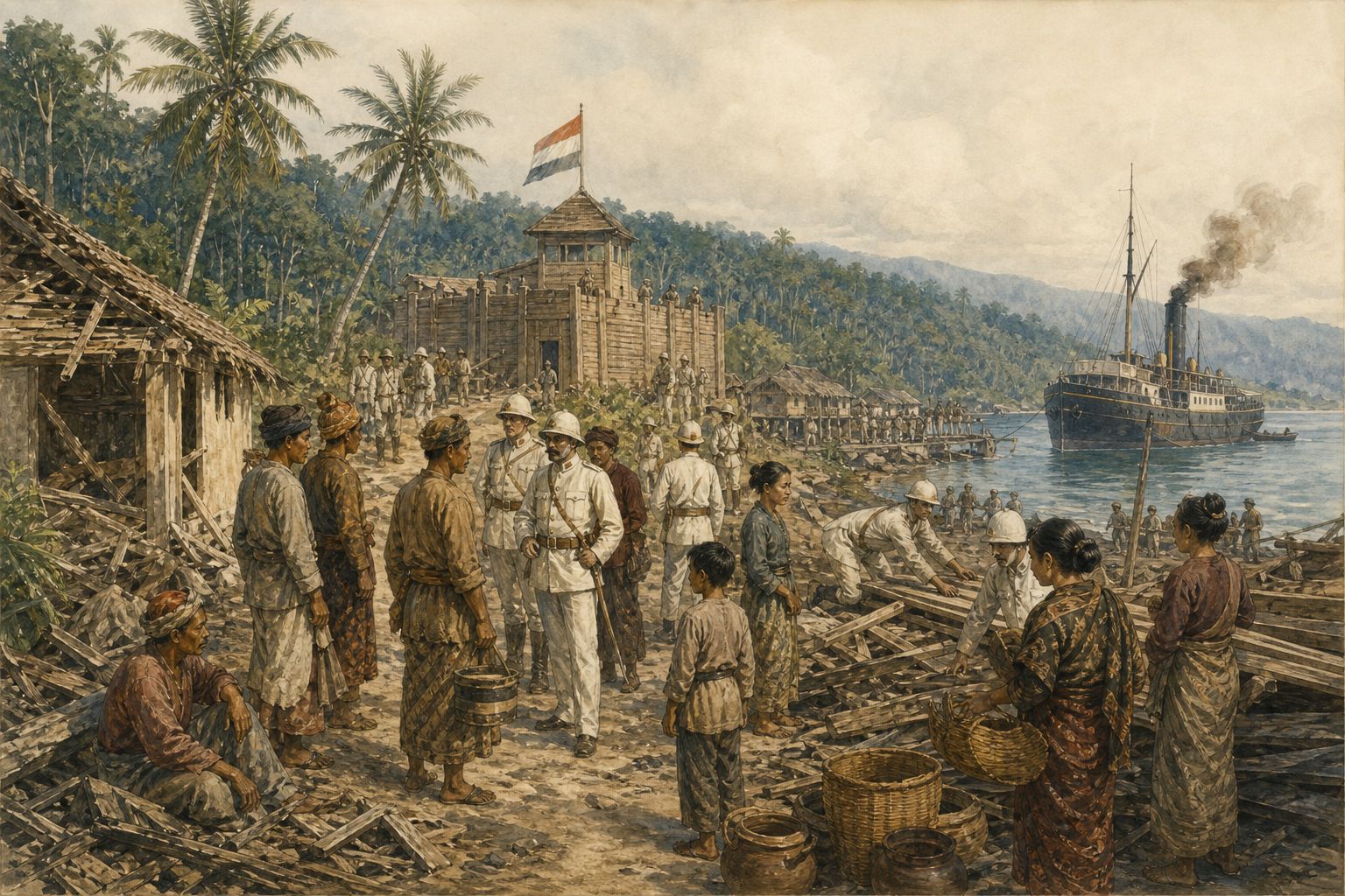 Officials and residents discuss land, trade, and new rule in a postwar port
