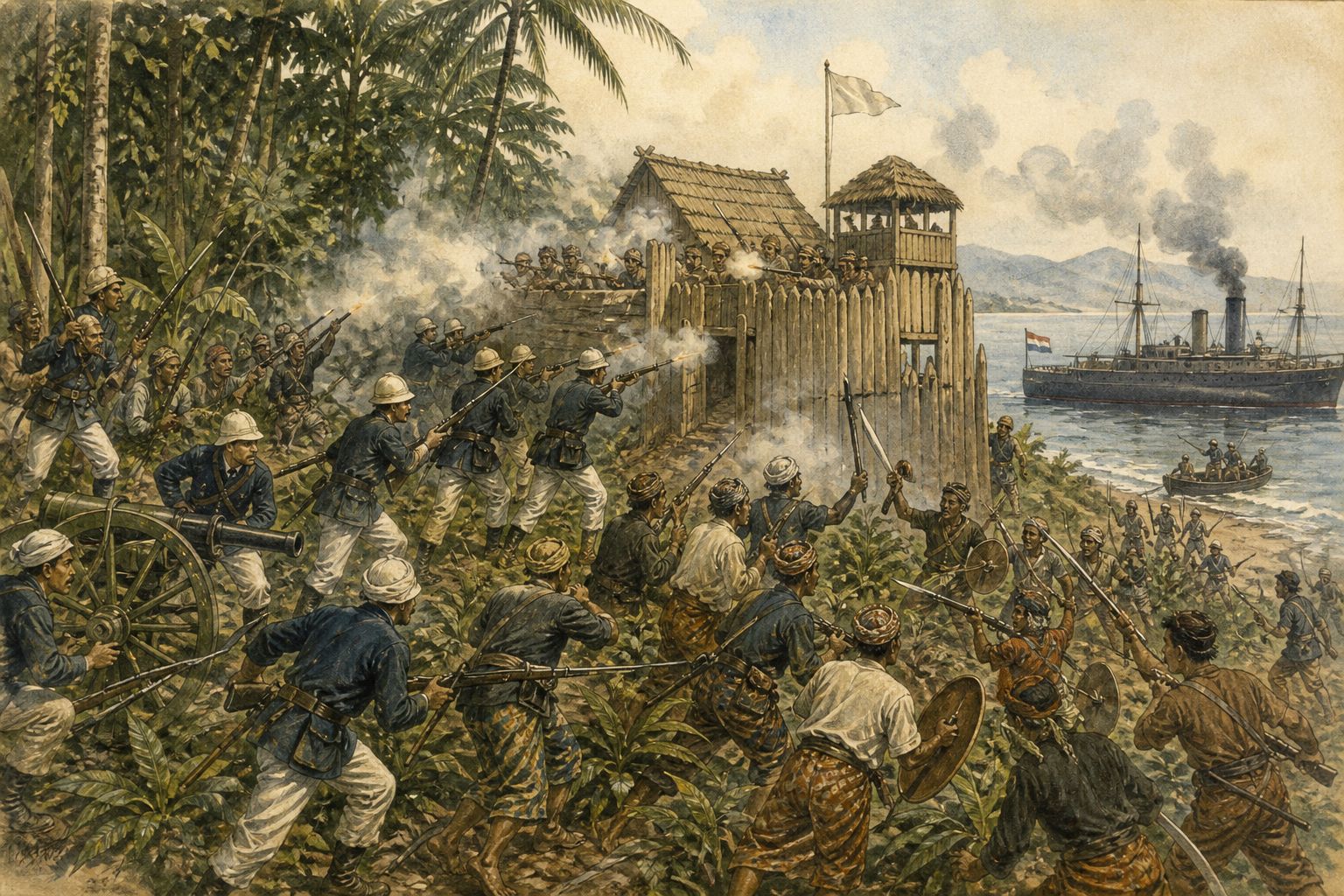 Residents and armies clash in forest and coastal forts as the Aceh War becomes a prolonged conflict