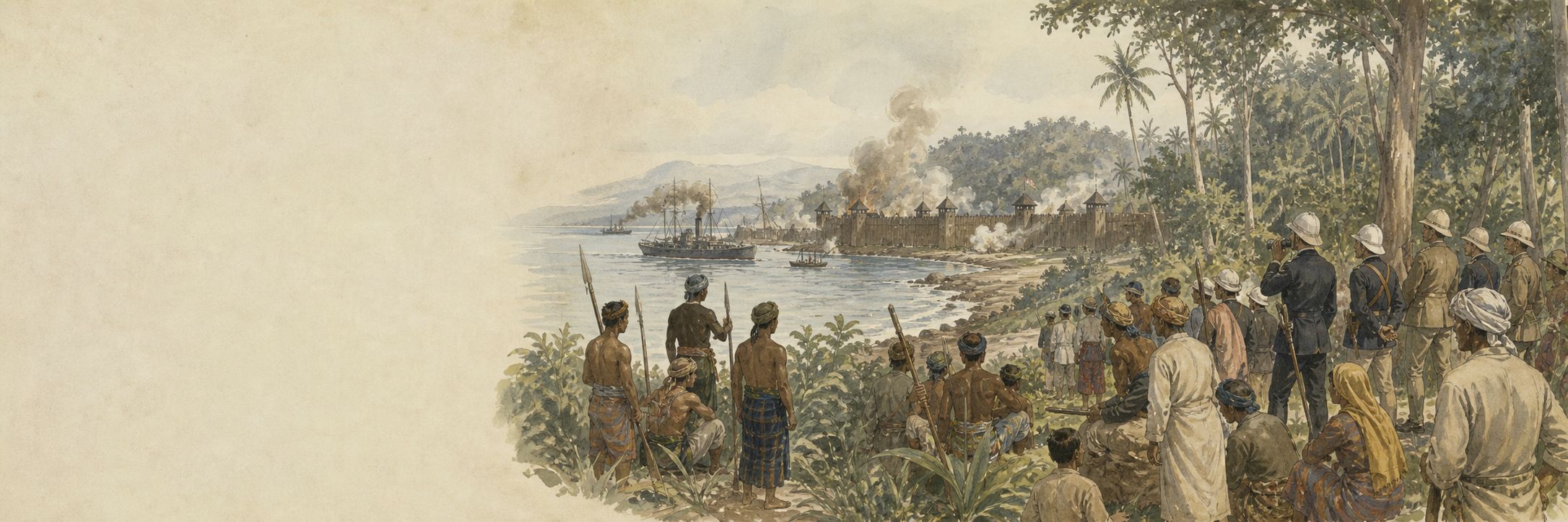 Acehnese residents and Dutch troops face one another around a coastal fort