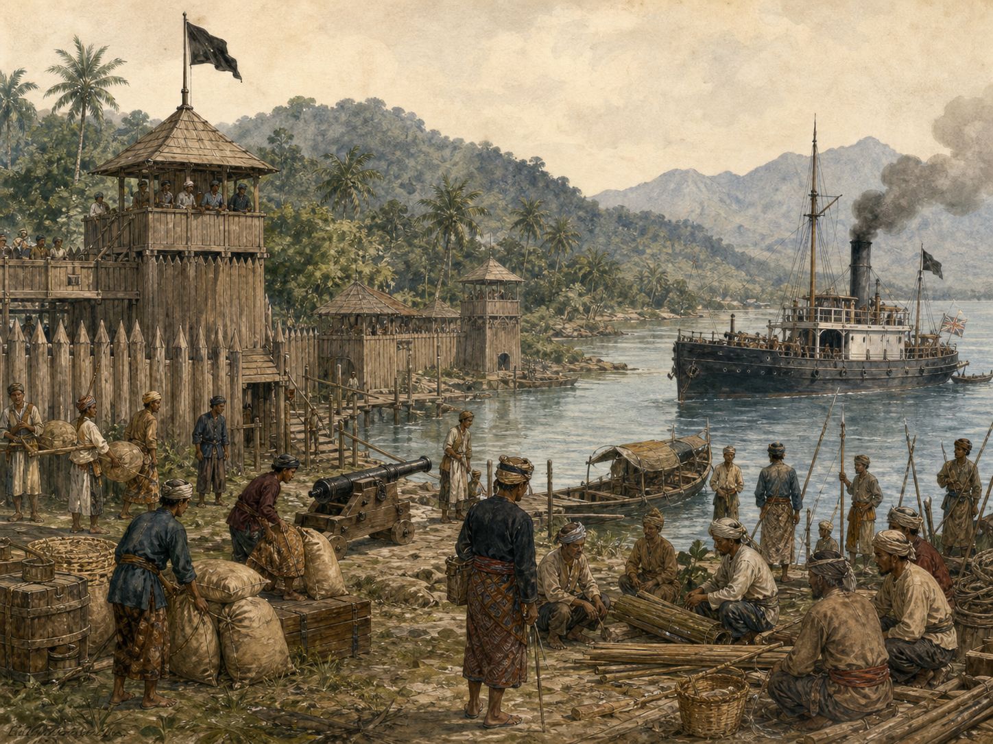 Residents examine trade and fortifications in an Acehnese port as foreign ships arrive