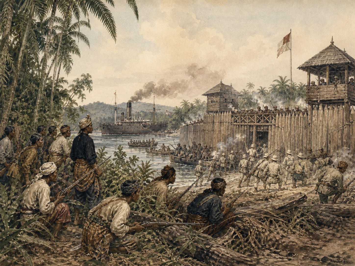 Acehnese fighters resist Dutch troops advancing toward a coastal fort through tropical forest