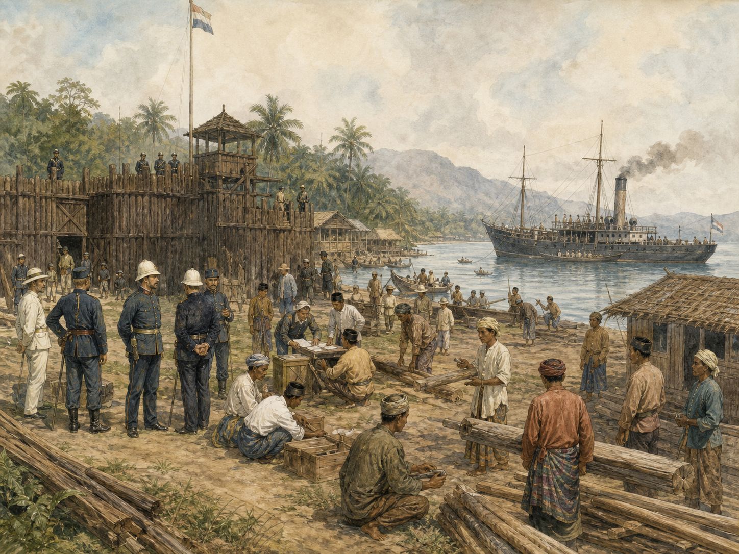 Officials and residents discuss trade and daily life in a postwar port