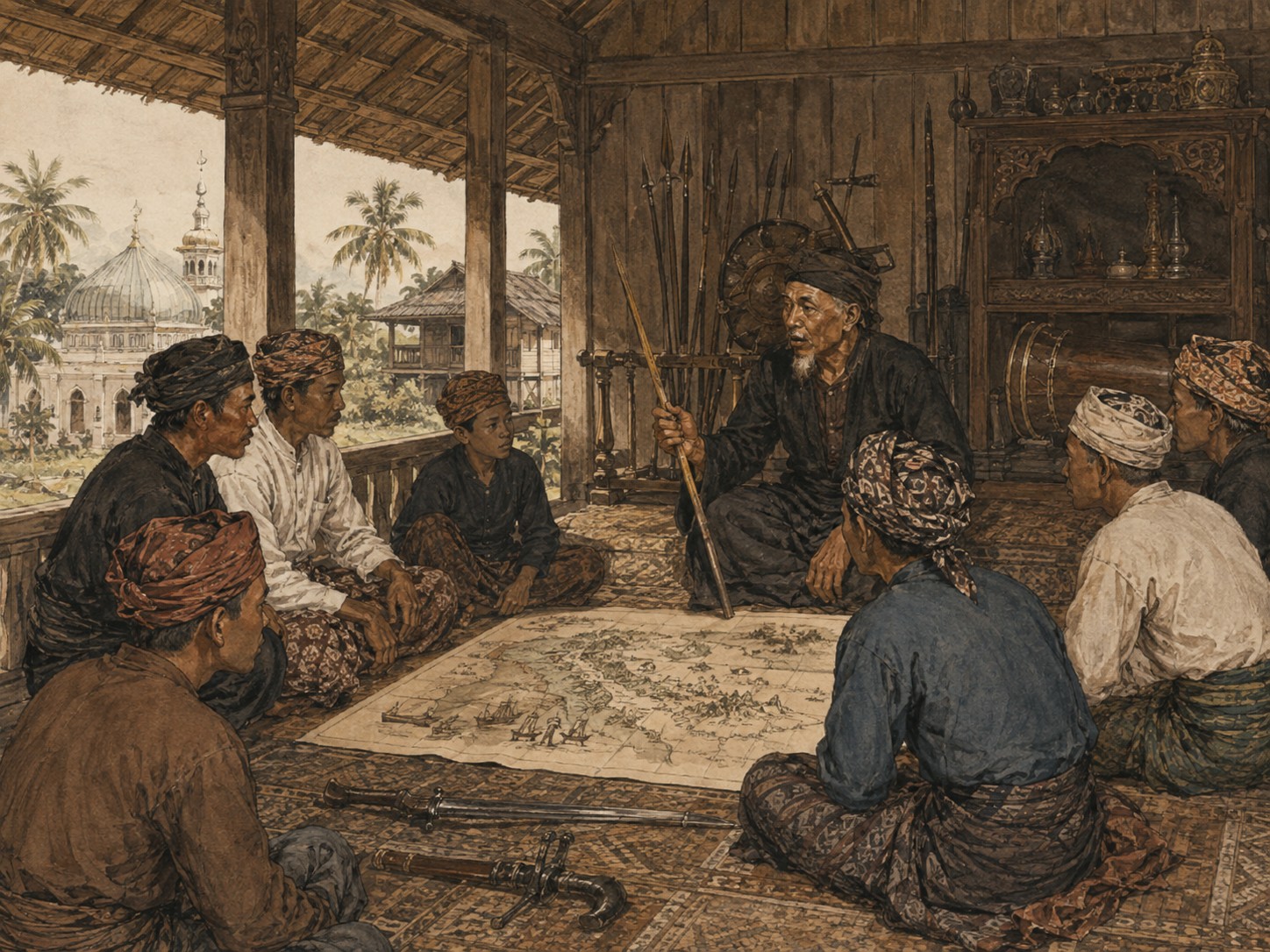 Acehnese people gather around maps and stories to pass on the memory of war and resistance