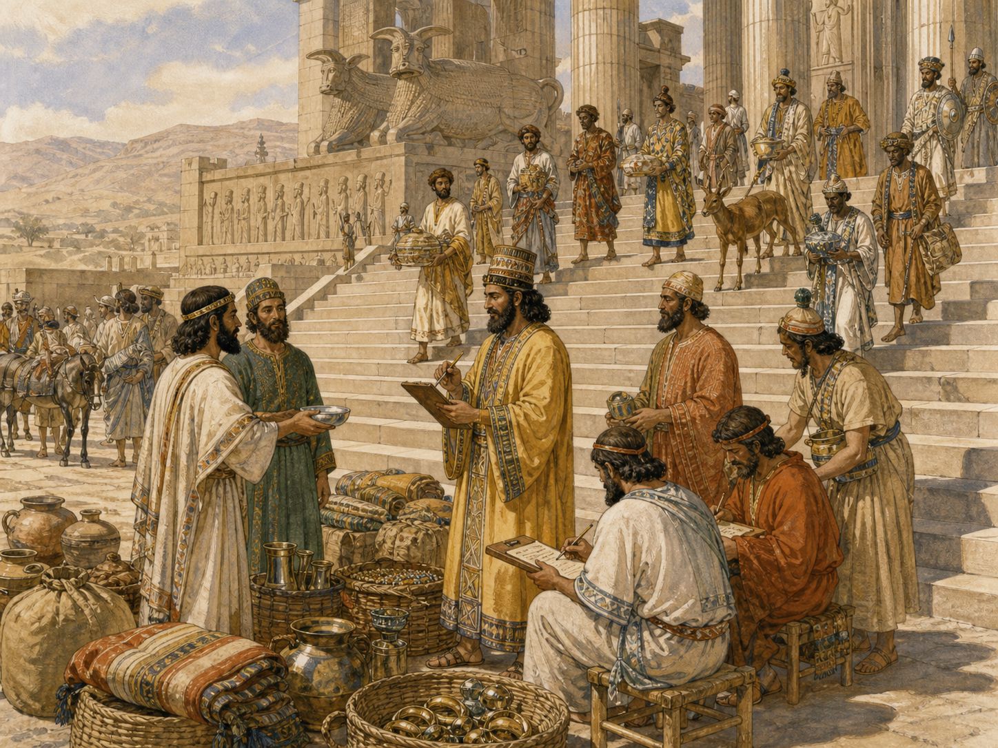 Historical reconstruction of Achaemenid Imperial Administration's background: In and around the Persian Empire (Persepolis), the setting took shape as Cyrus II, Darius I, and their successors governed a vast empire through provinces, the Royal Road, taxation, and multilingual administration.