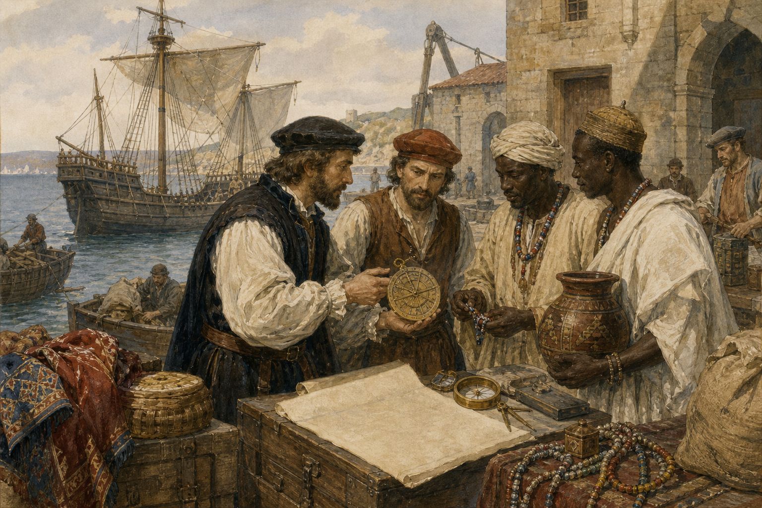 Three ships leaving the Atlantic while people watch from a quay
