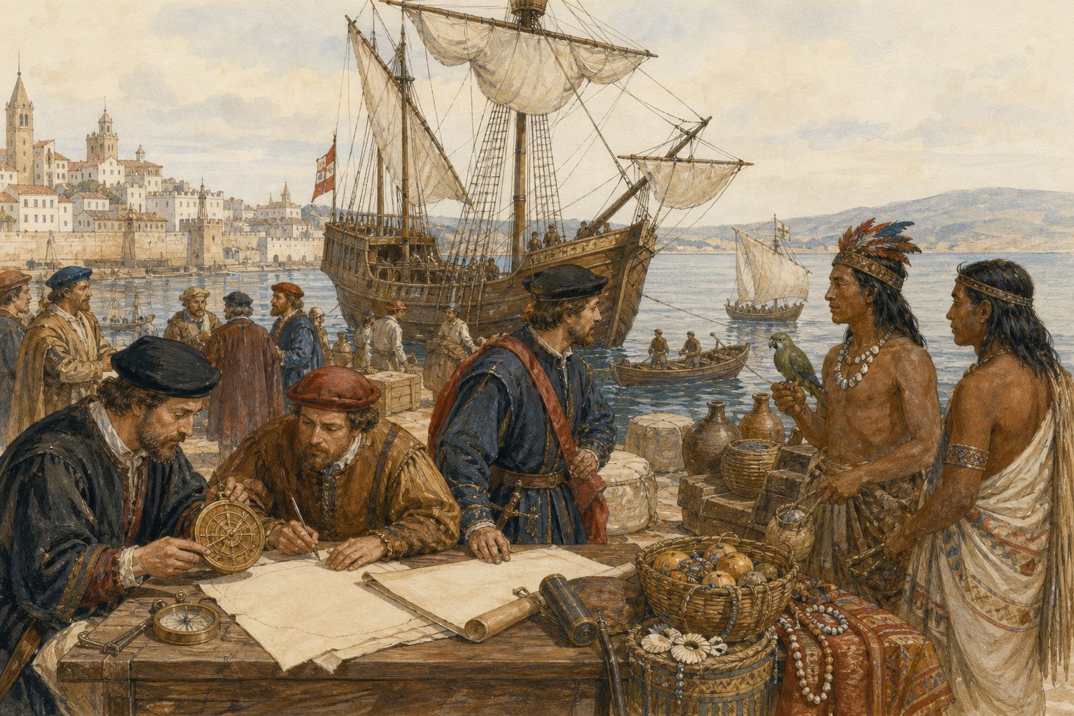 A table with a chart, compass, and trade goods before a distant harbor