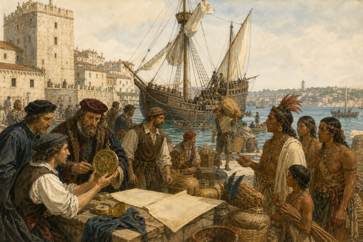 Crops and trade goods from different regions changing hands at a port