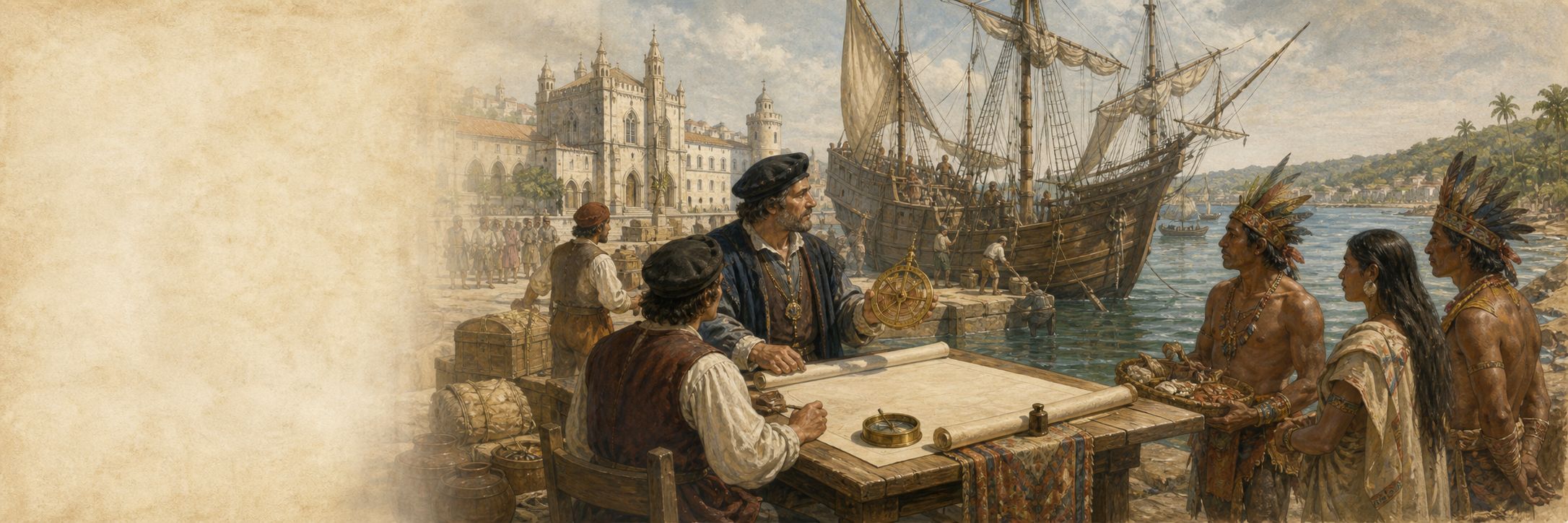 Sailing ships and merchants gathered around a chart in an age of Atlantic navigation