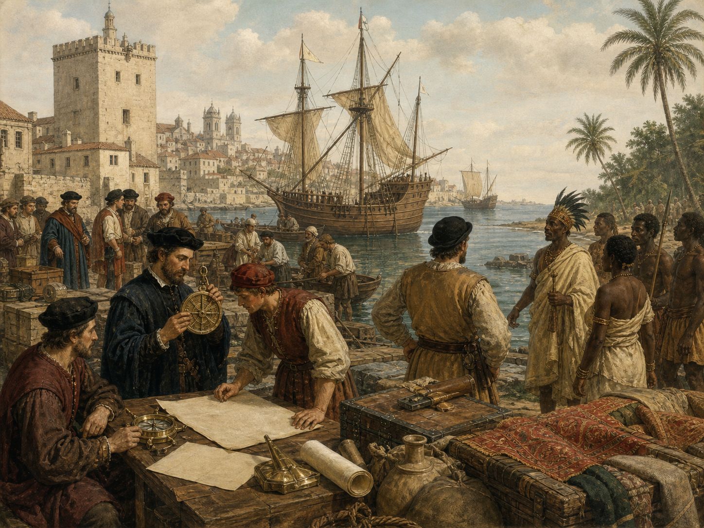 An Iberian port equipped with charts and navigational instruments