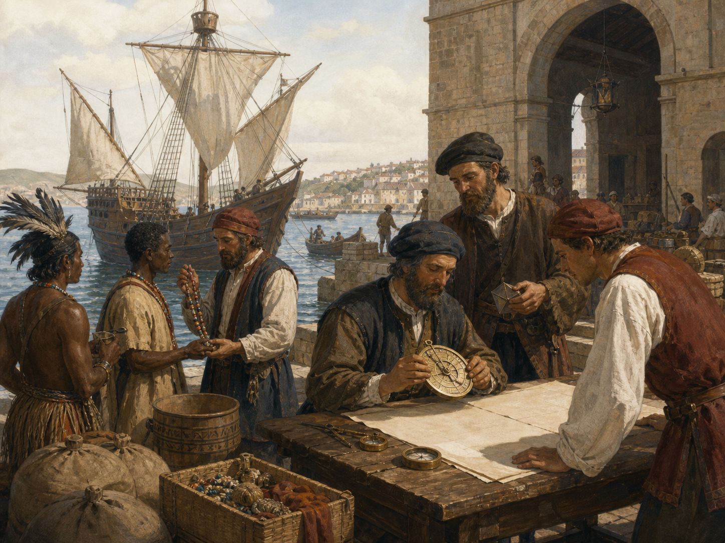 Goods from different regions being transferred in a busy harbor warehouse