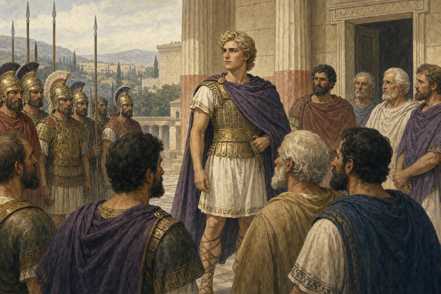 A young Alexander standing at a palace entrance among soldiers and older nobles