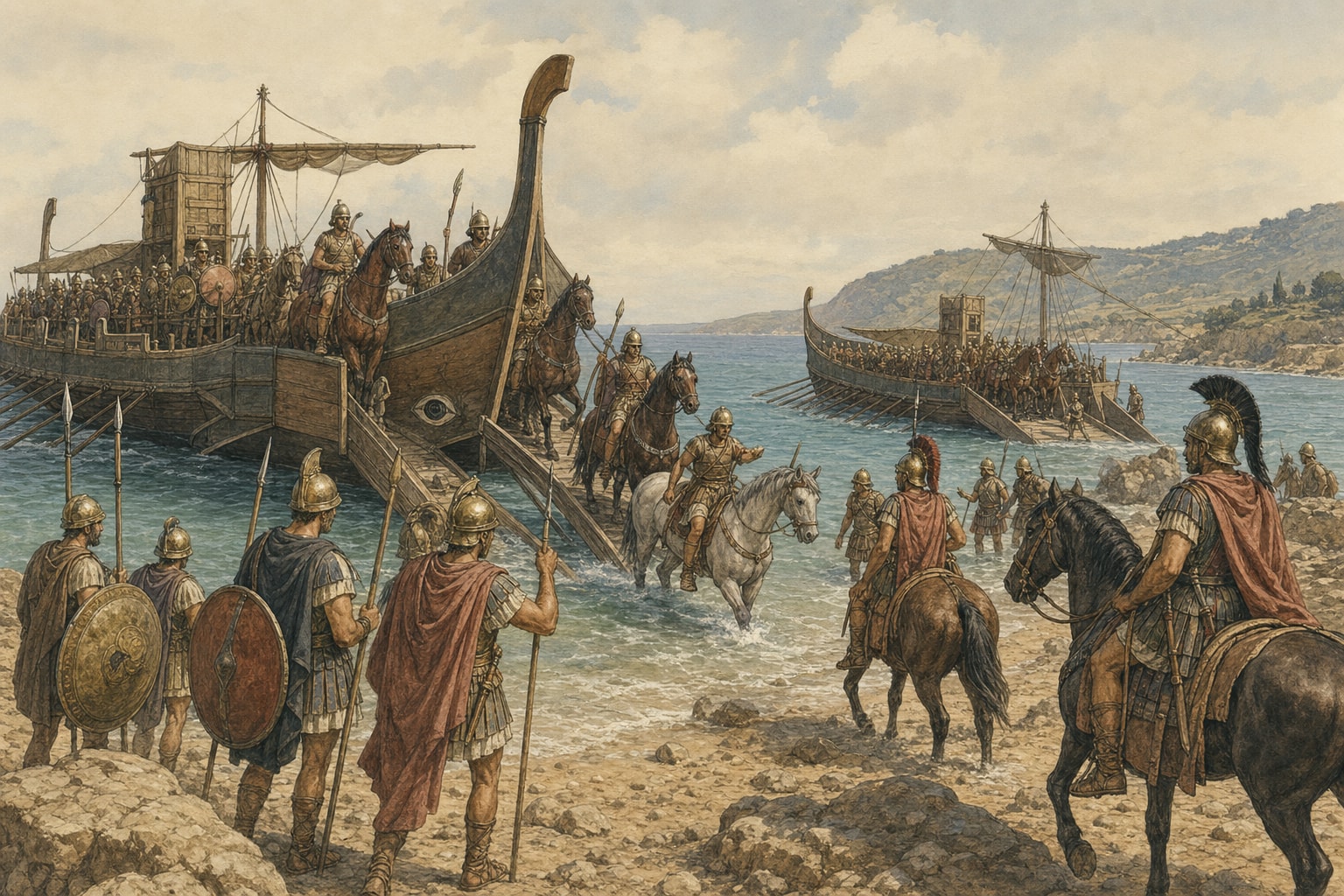 Horses and soldiers disembarking from ancient wooden ships during the Hellespont crossing