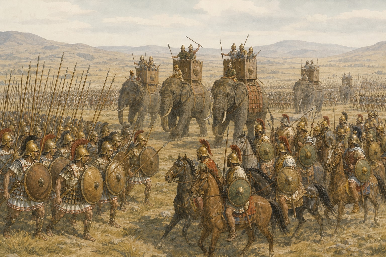 Tower-bearing war elephants, pike infantry, and cavalry confronting one another on the plain at Ipsus