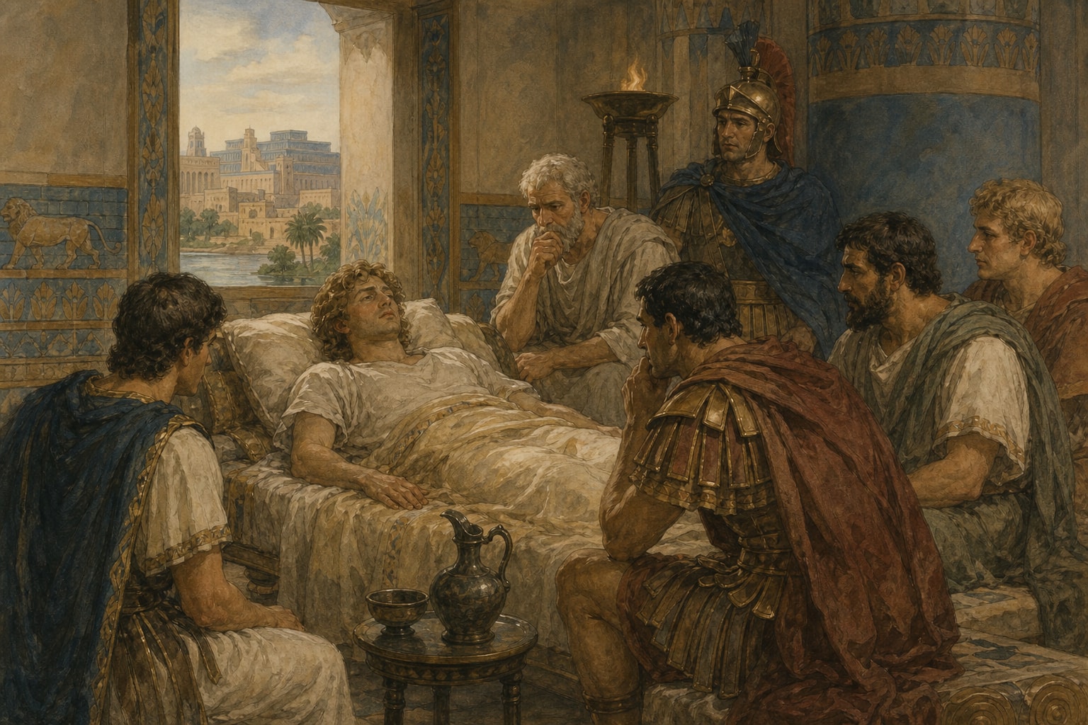 Alexander lying on a bed in a Babylonian-style chamber as companions watch beside him