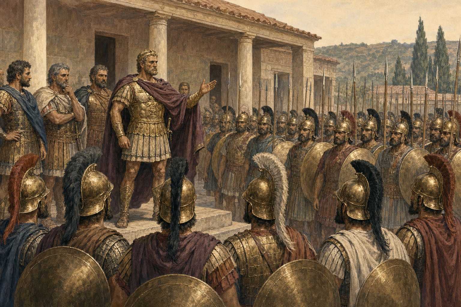 A king addressing Macedonian soldiers carrying spears and plain round shields in a courtyard