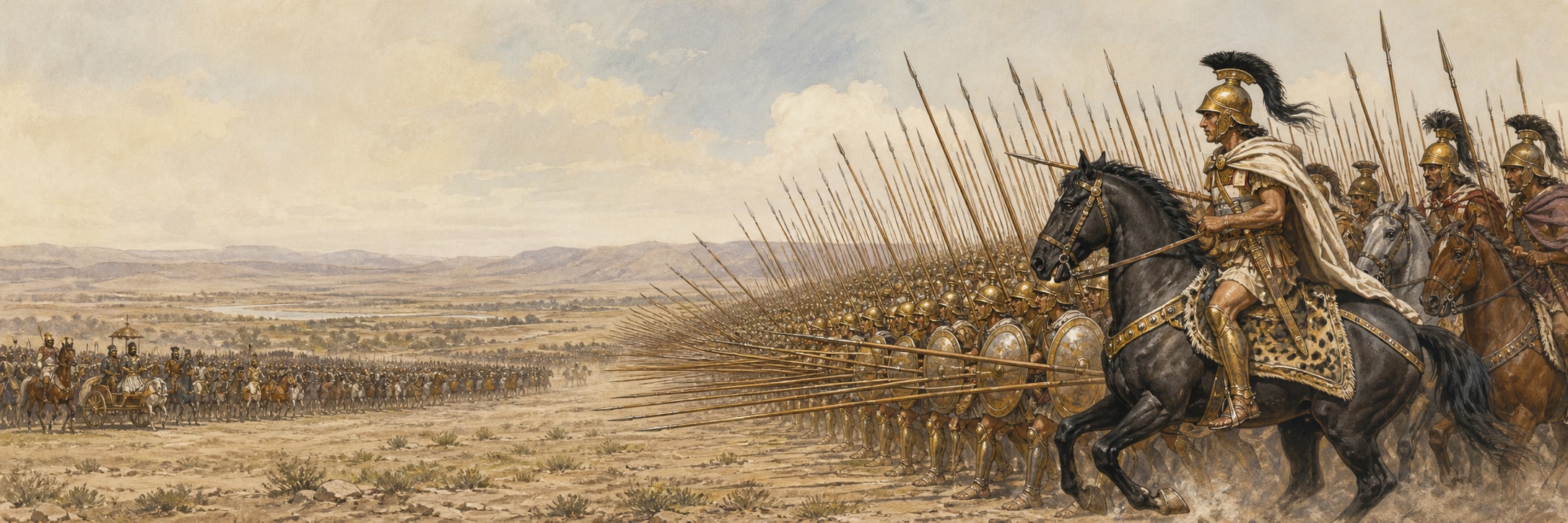 A Macedonian pike formation and cavalry facing Persian forces across the broad plain at Gaugamela