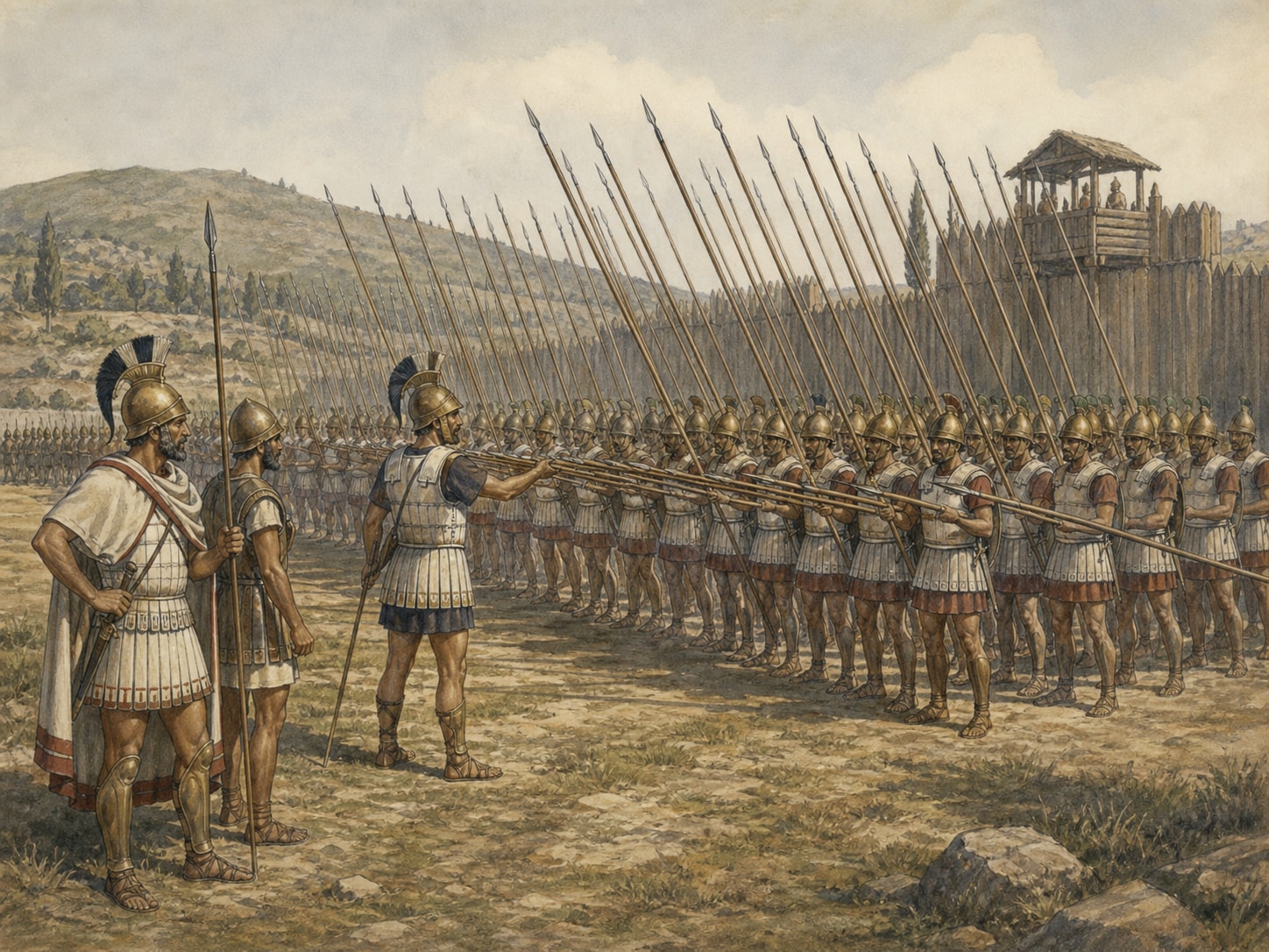 Macedonian soldiers drilling in ordered ranks with long pikes beside a hill fort