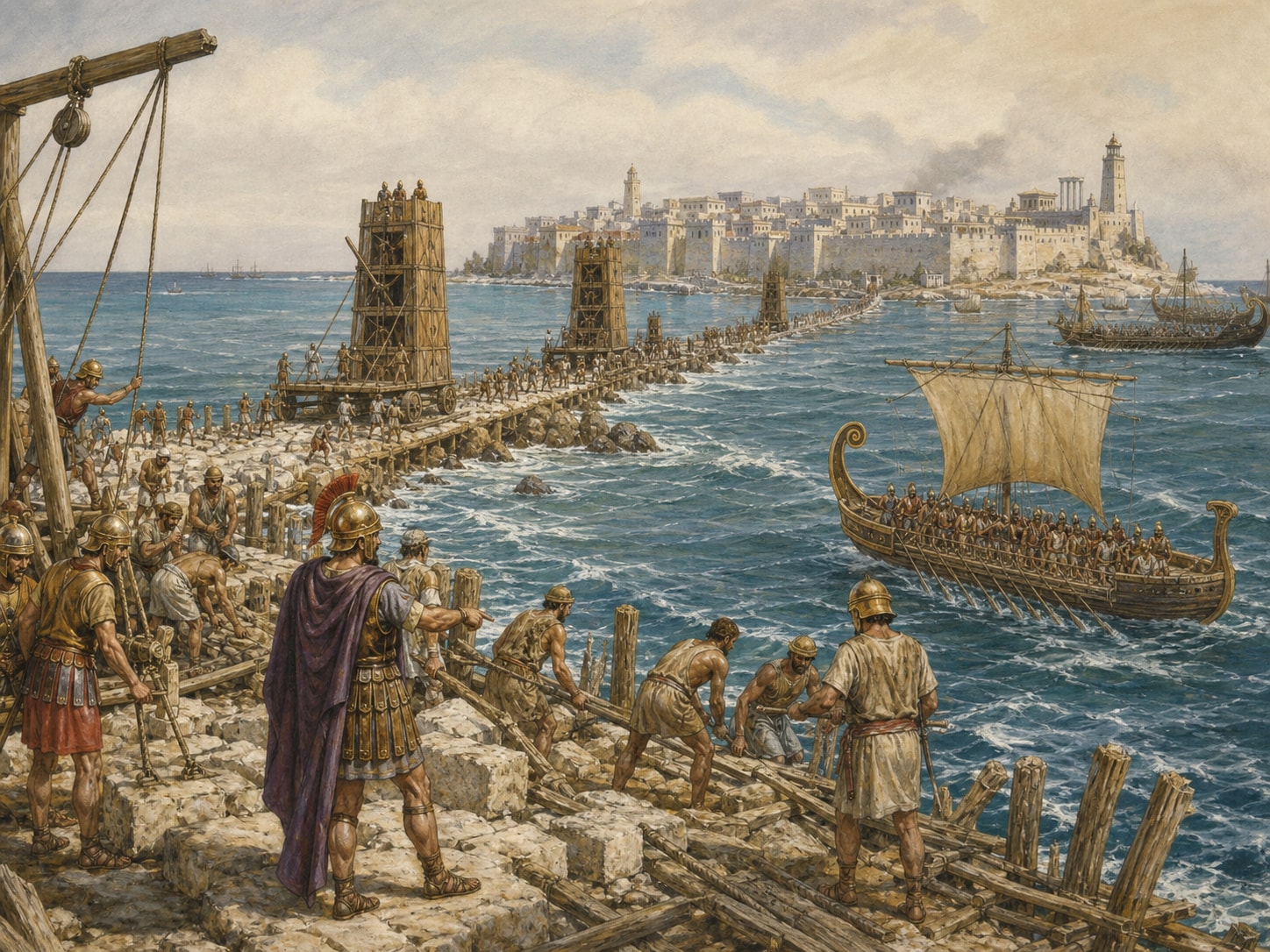 Soldiers moving siege towers along a causeway toward a fortified island city