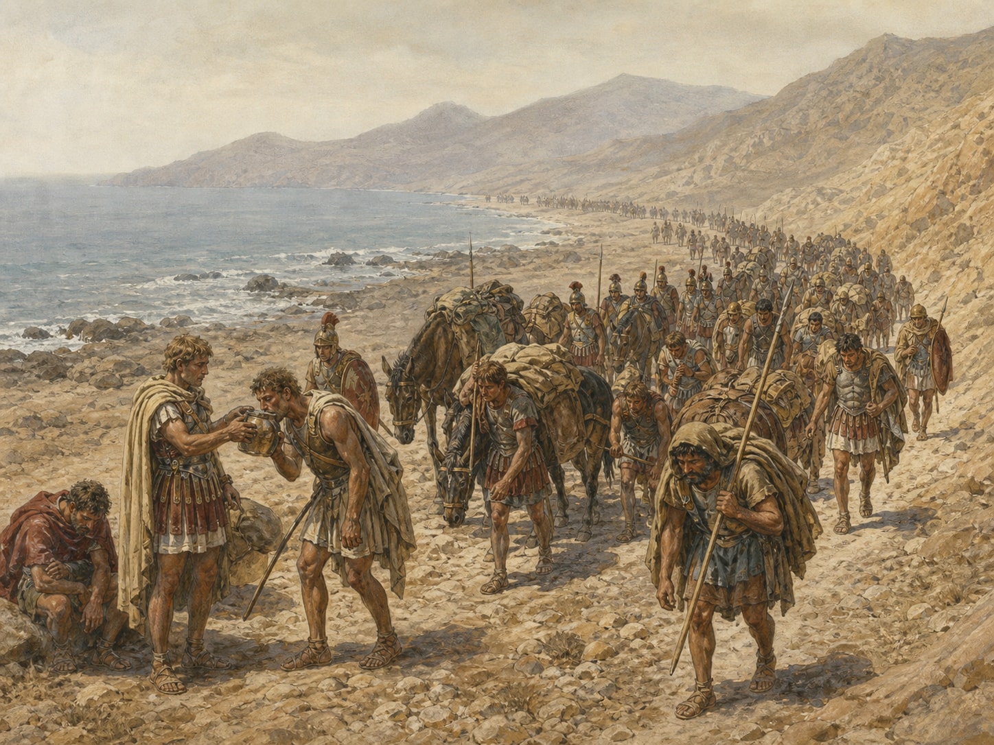 A weary Macedonian column following a rocky coastal path as one soldier shares water