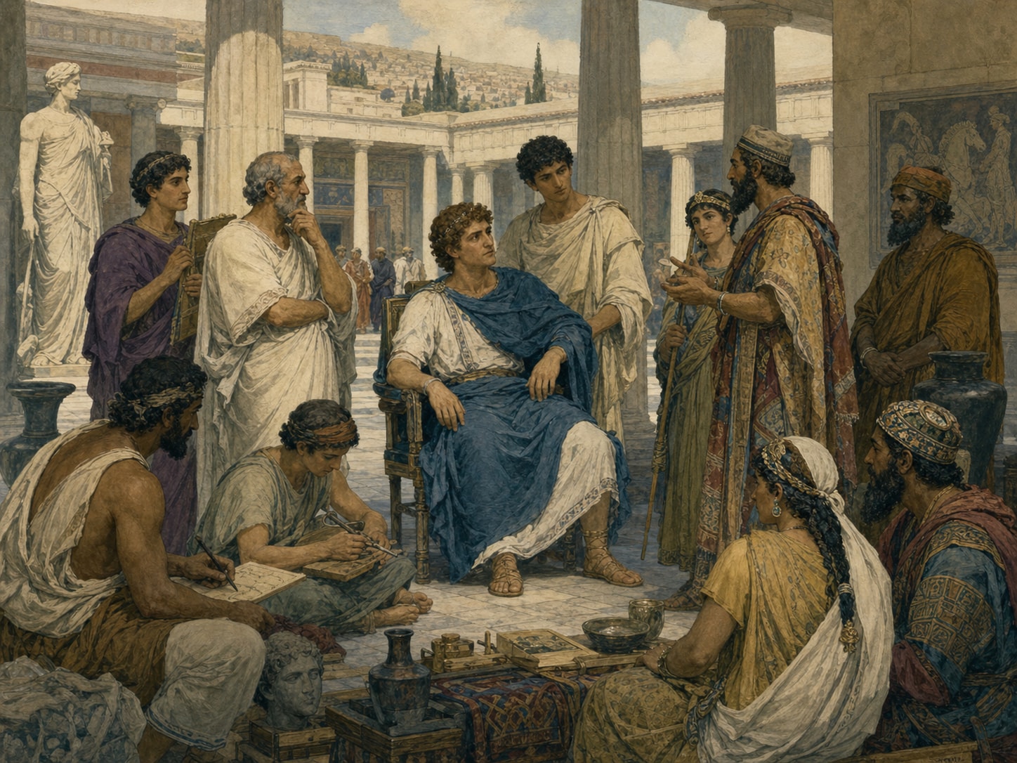 Greek and local officials conferring around scribes in a colonnaded successor court