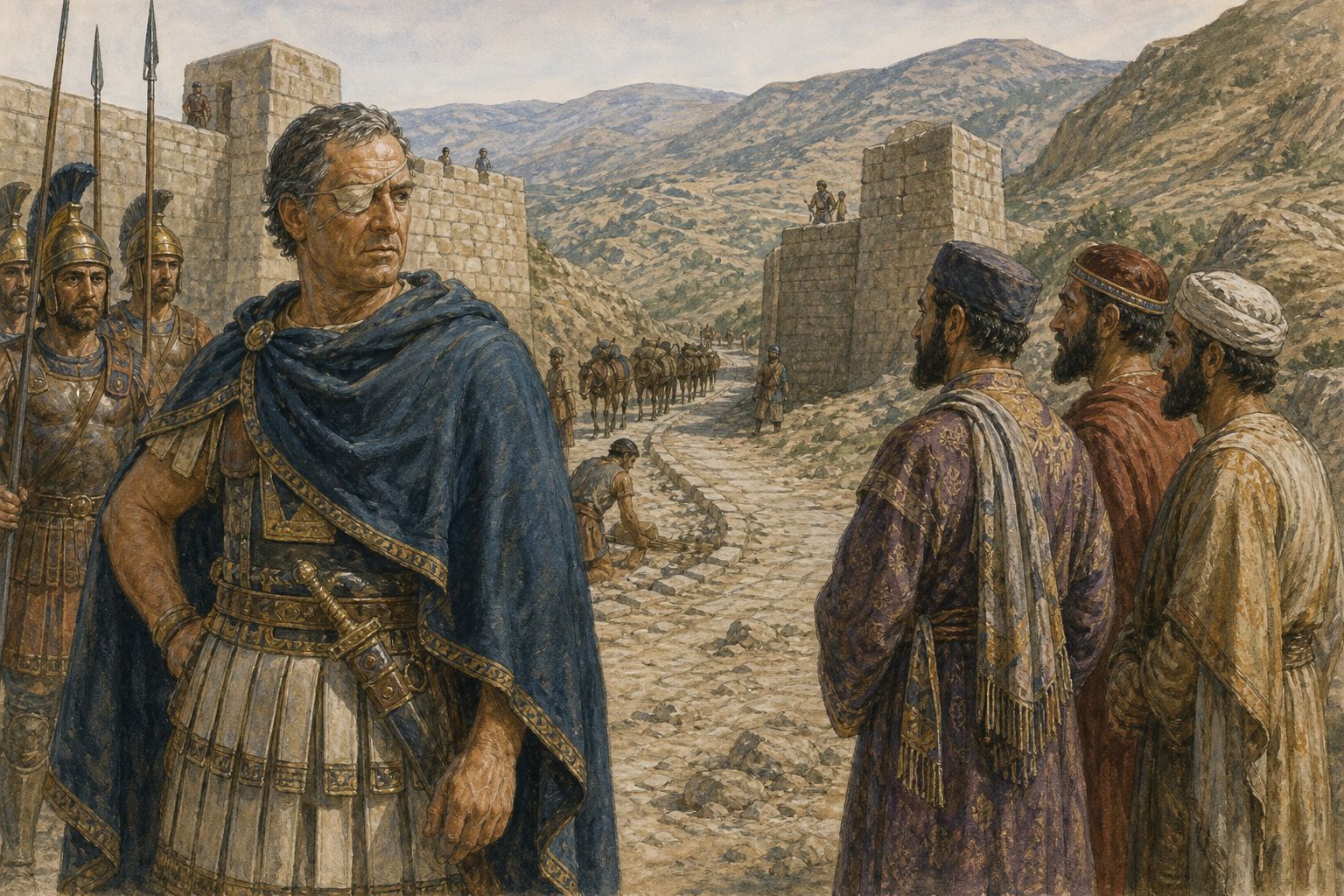 A Hellenistic commander inspects a stone Anatolian pass while envoys wait nearby