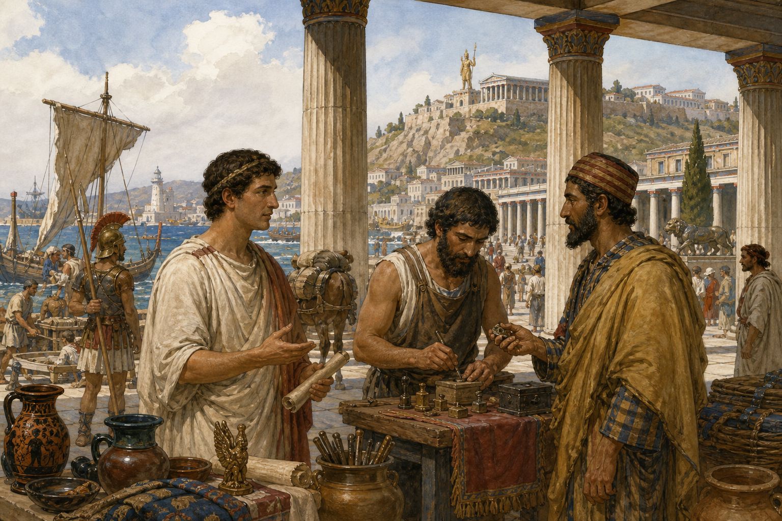 A teacher, artisan, and trader cross paths beneath a colonnade in a Hellenistic harbor city