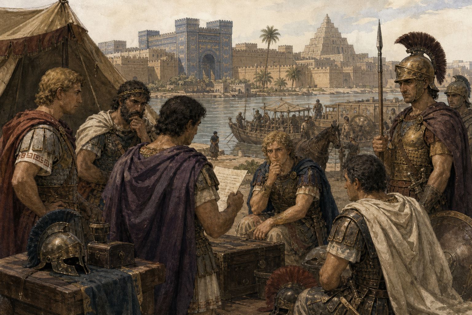 Soldiers discuss the succession in a riverside Babylonian setting after Alexander’s death