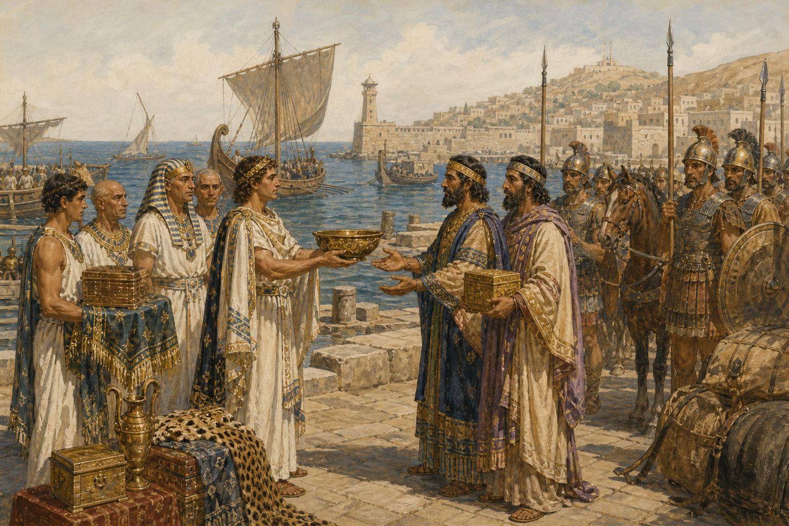 Two delegations exchange gifts beside an eastern Mediterranean harbor while soldiers guard the quay