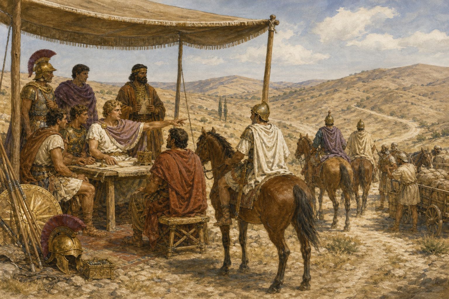 Commanders send mounted messengers from a dry Triparadeisos camp among hills and supply carts