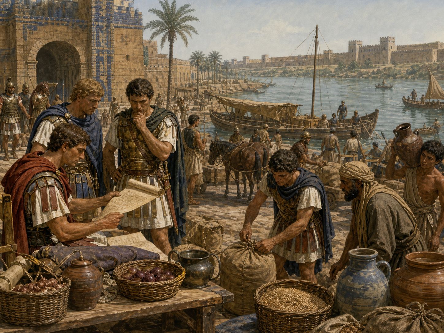 Officials and soldiers handle provisions in a Hellenistic riverside city with boats and buildings behind them