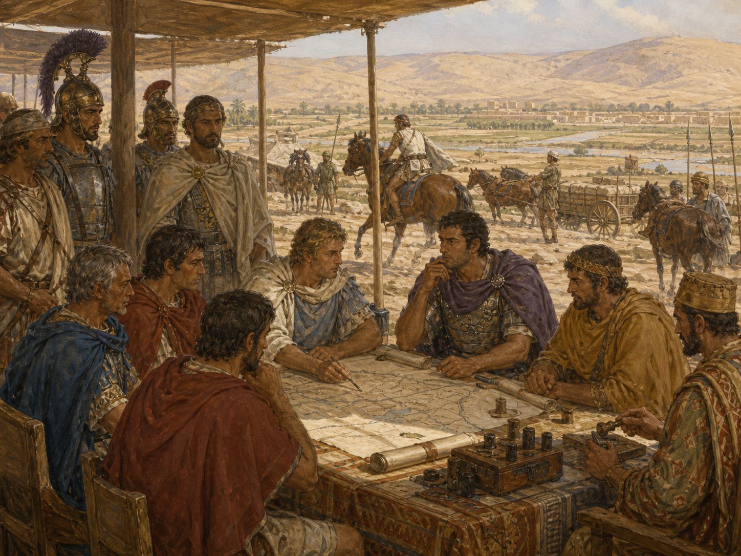Commanders confer over a map at a dry camp council with horses and supply carts nearby
