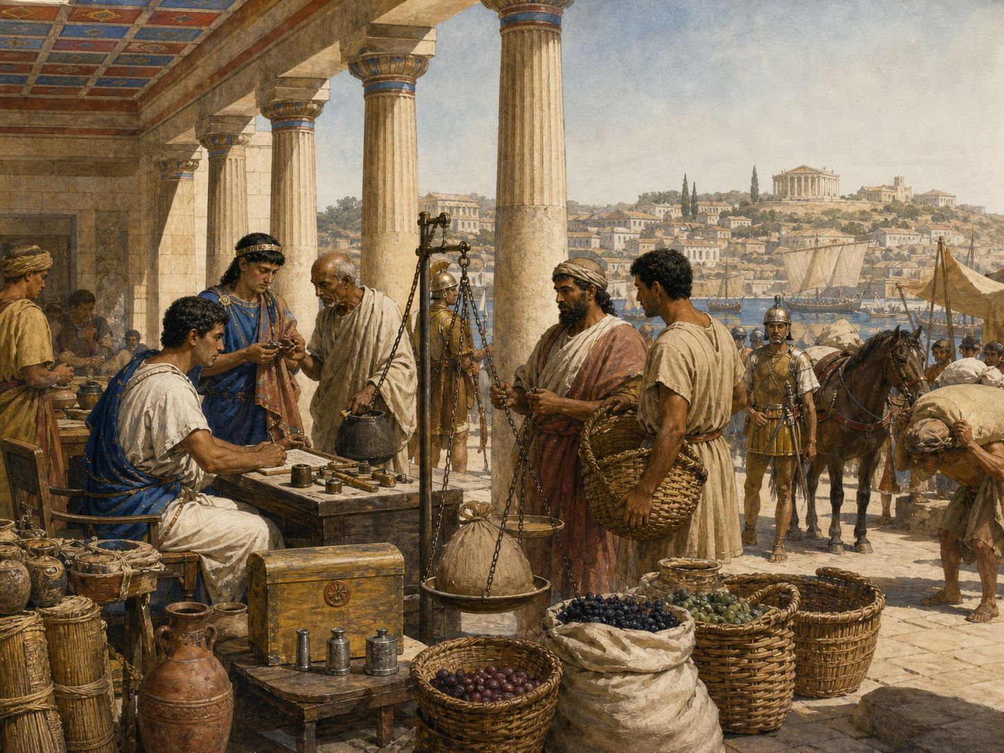 An official weighs goods in a Hellenistic city market with a colonnaded building behind him