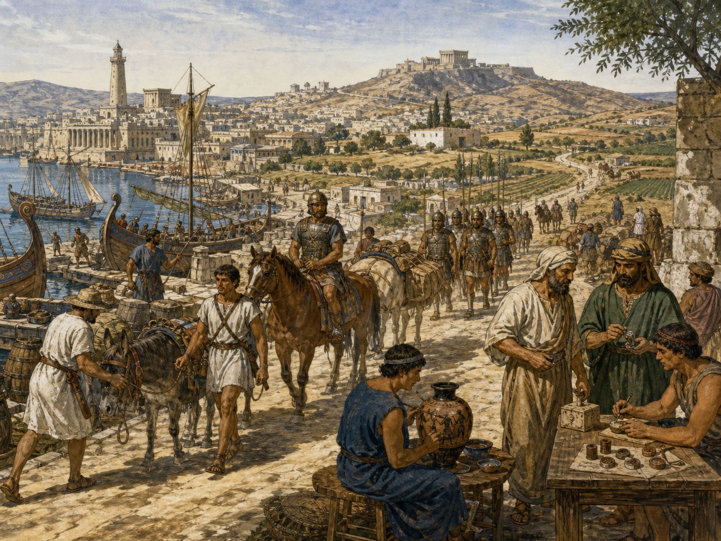 Travelers and traders move through a Hellenistic harbor city backed by dry hills