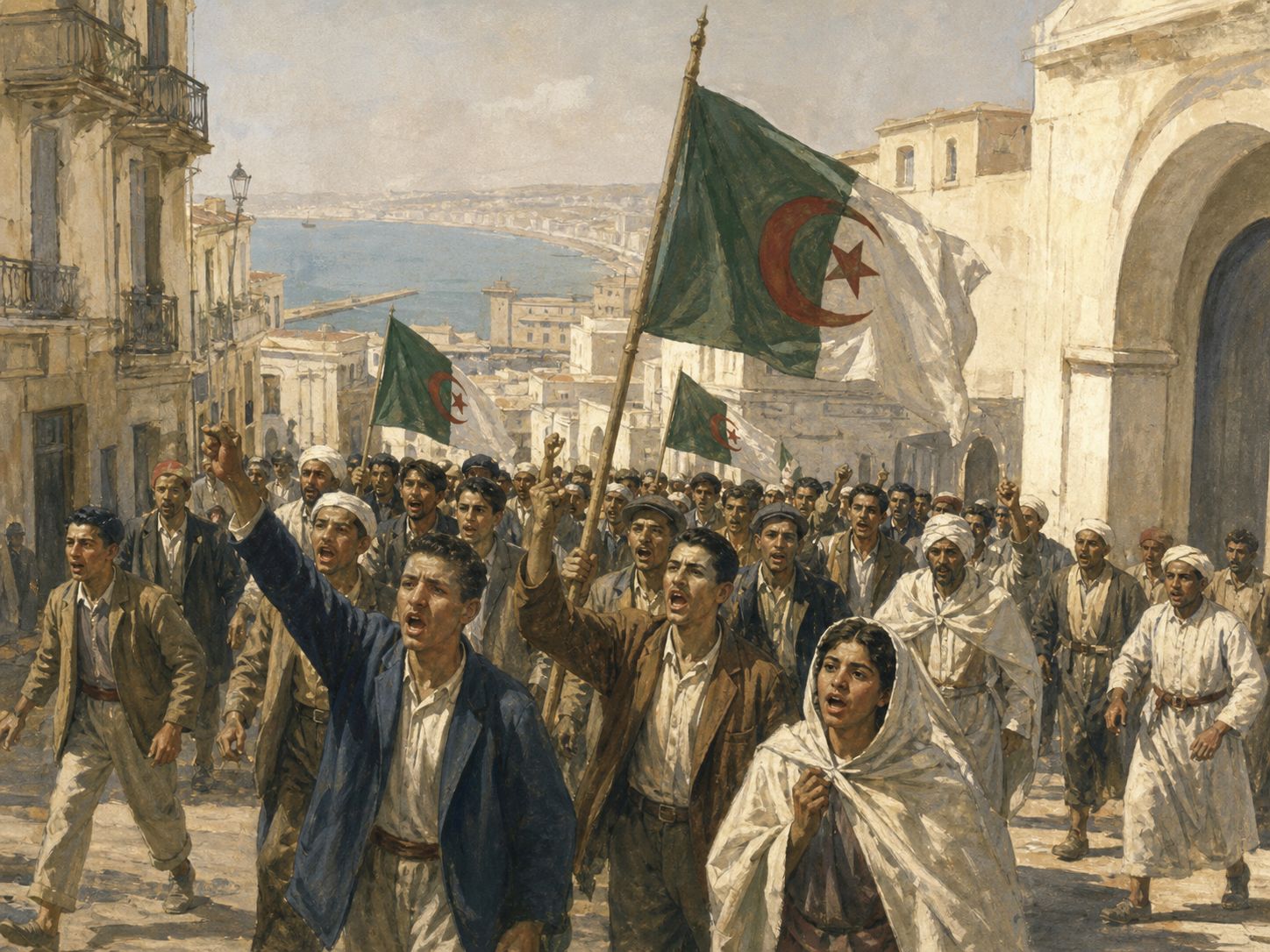 Historical reconstruction of Algerian Independence's central action: The FLN combined rural guerrilla warfare, urban networks, and diplomacy abroad while facing French counterinsurgency and torture.