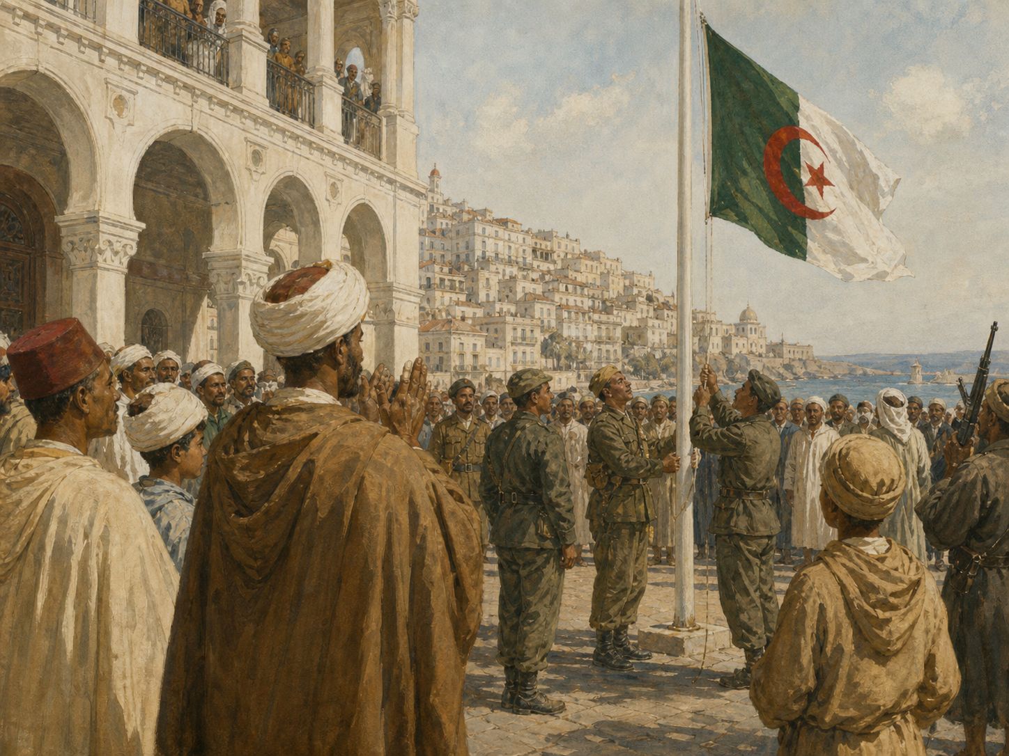 Historical reconstruction of Algerian Independence's immediate aftermath: The Evian Accords and a 1962 referendum led to independence, followed by the departure of many European settlers.