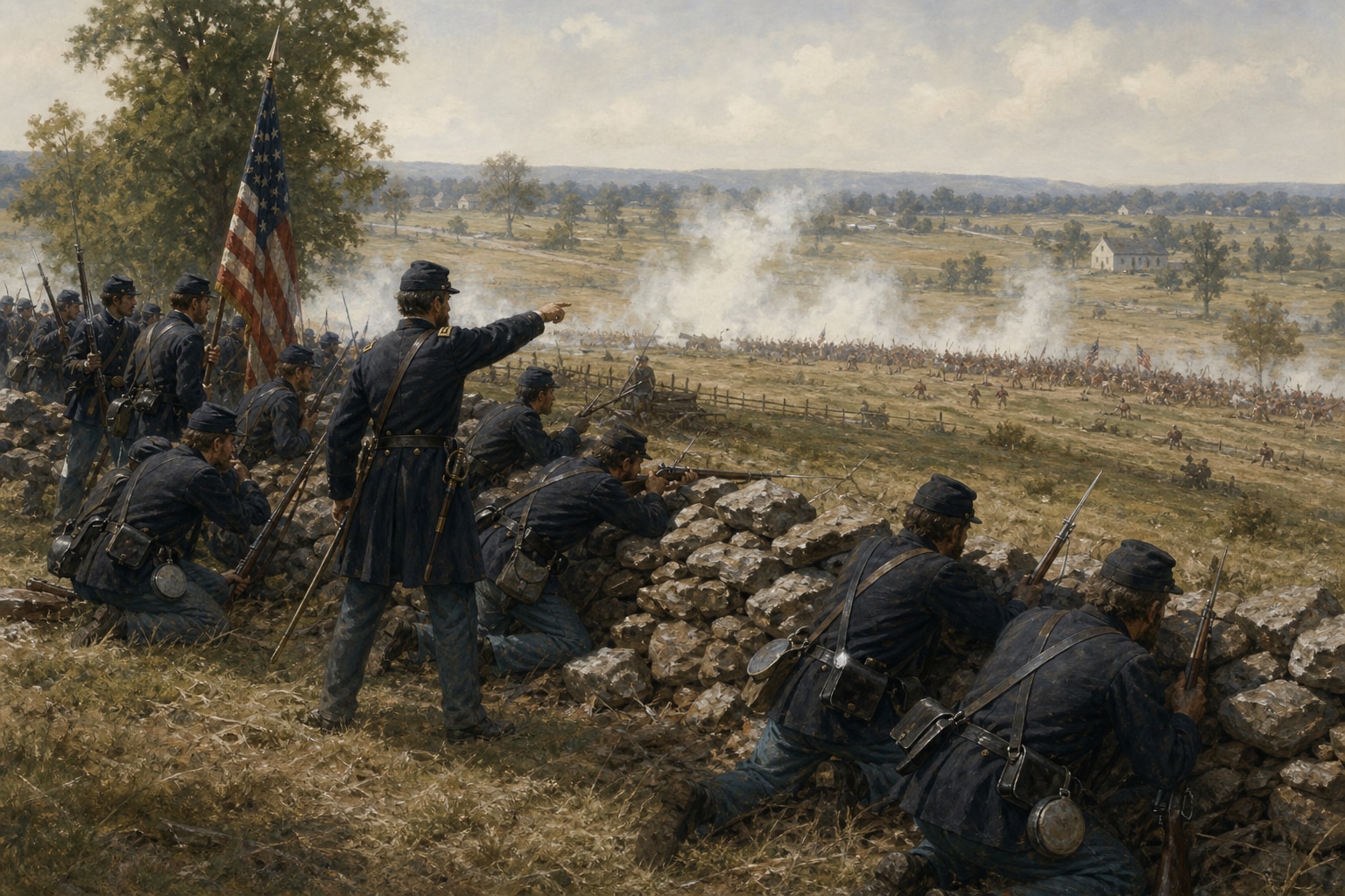 Union infantry defending a low stone wall at Gettysburg as battle smoke rises