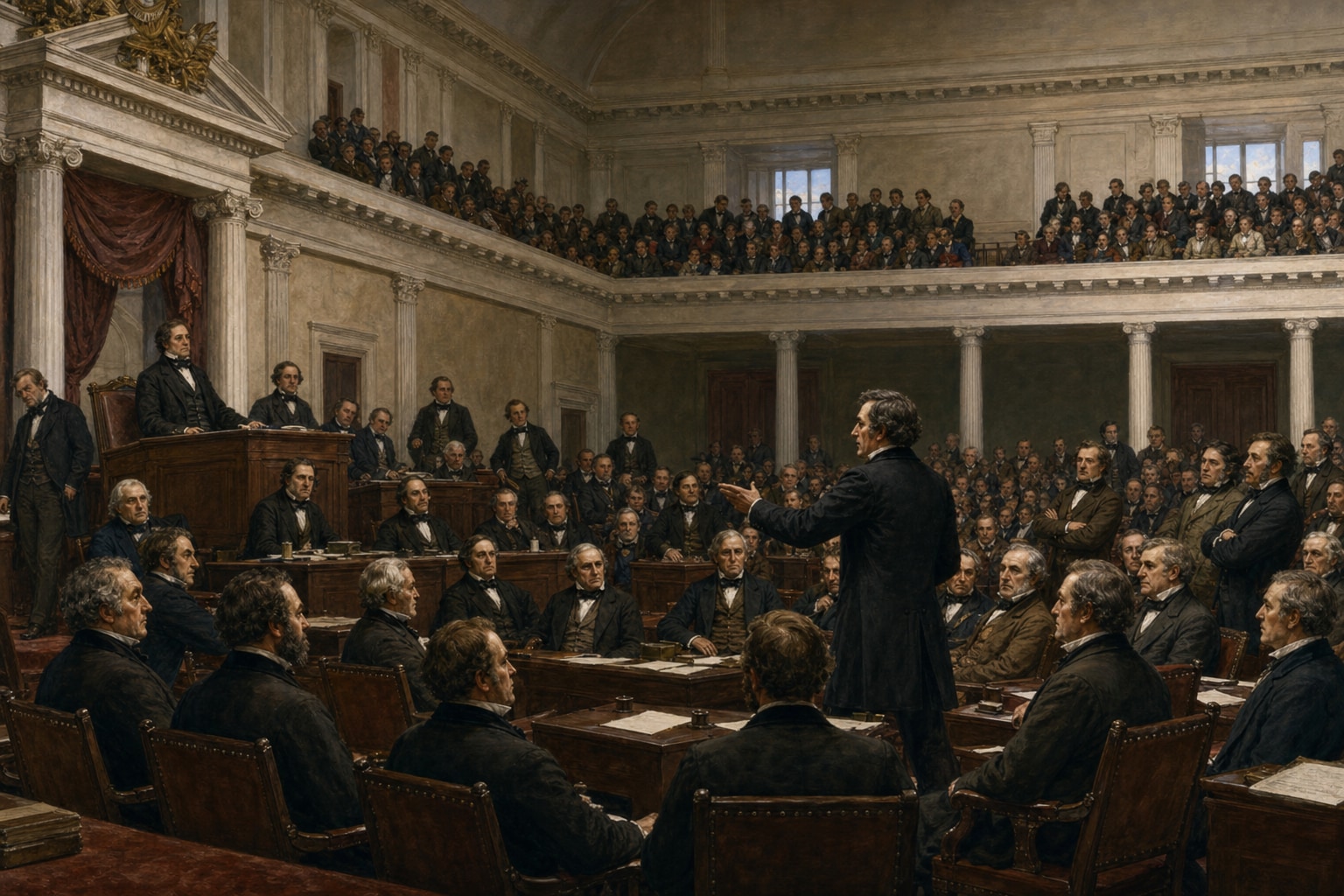 Lawmakers debating before packed galleries in a mid-nineteenth-century congressional chamber