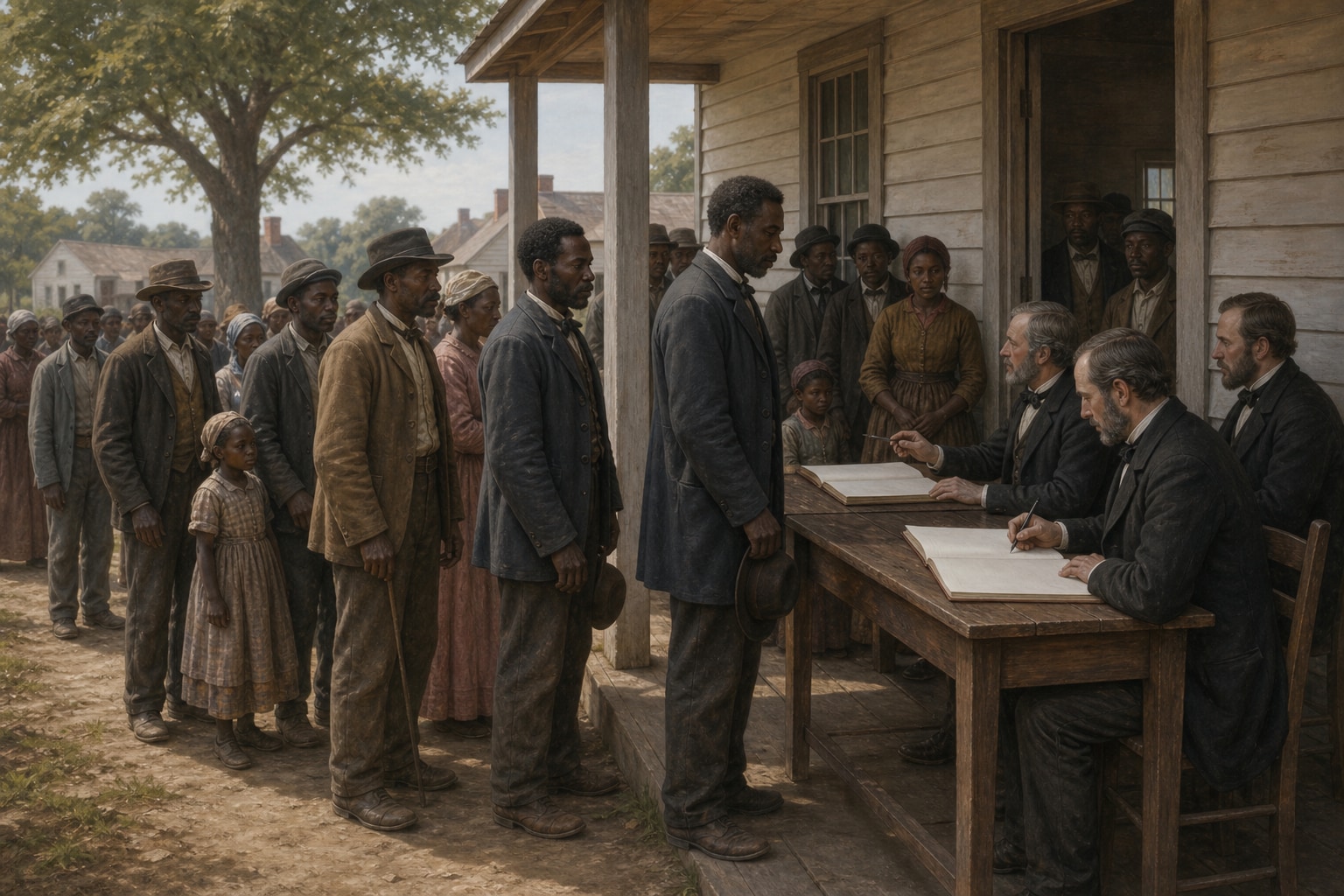 Freed Black men waiting to register as voters at a county office