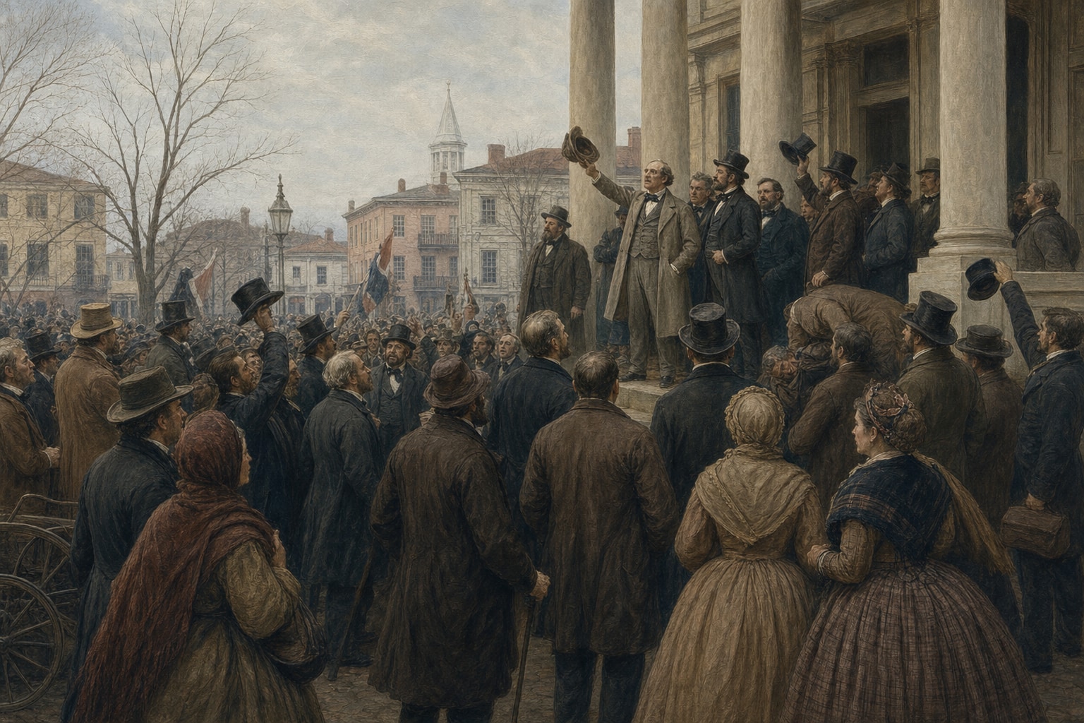 A crowd rallying in support of secession outside a public building