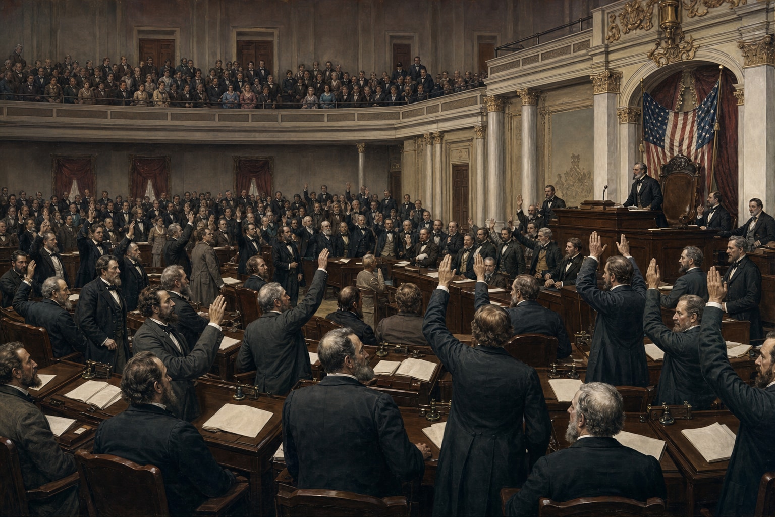 Lawmakers raising their hands in a crowded chamber during the vote to end slavery