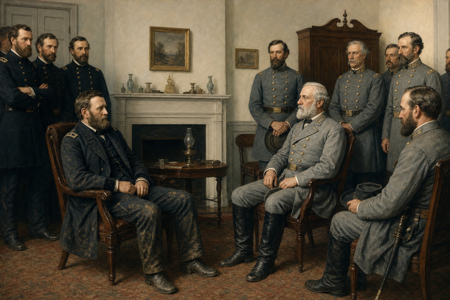 Ulysses S. Grant and Robert E. Lee seated with their officers during the Appomattox surrender meeting