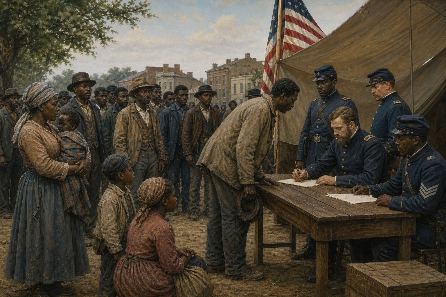 Black volunteers and their families at an outdoor Union Army enlistment station