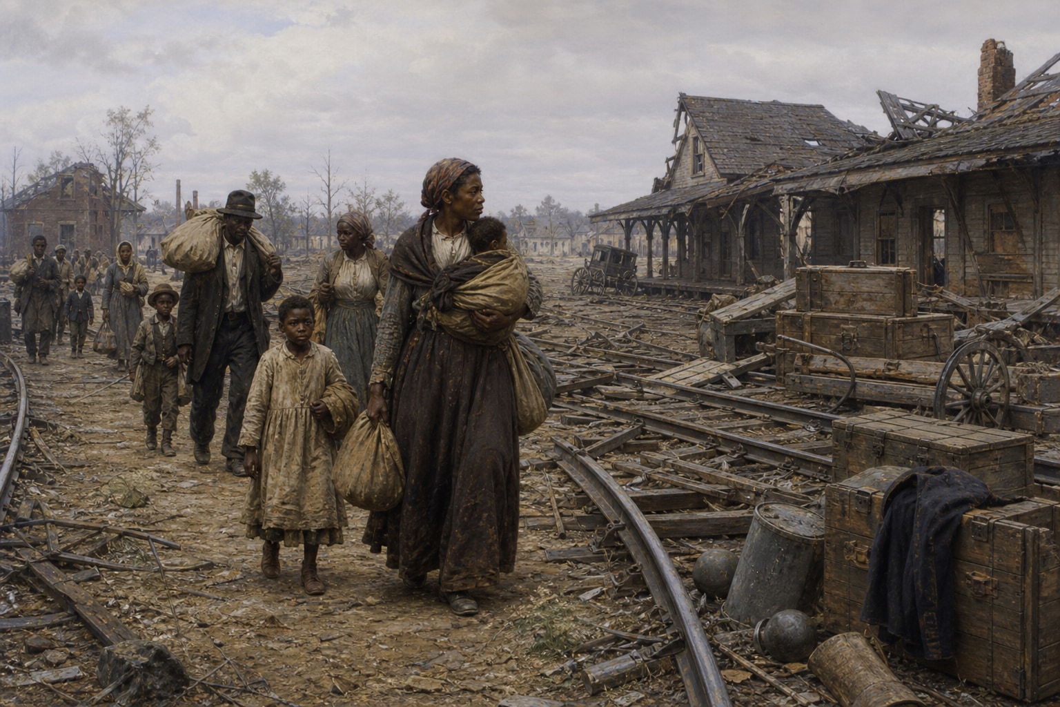 Freed Black families walking through a devastated railroad junction after the war