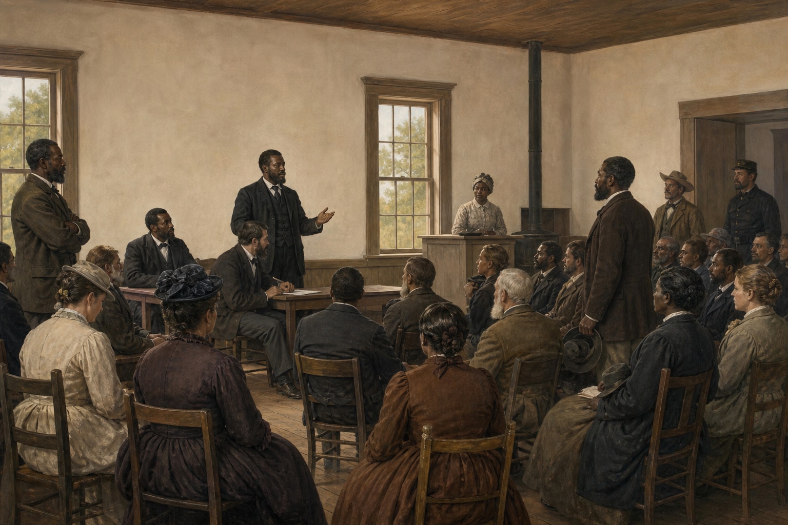 Black and white townspeople taking part in a Reconstruction-era civic meeting